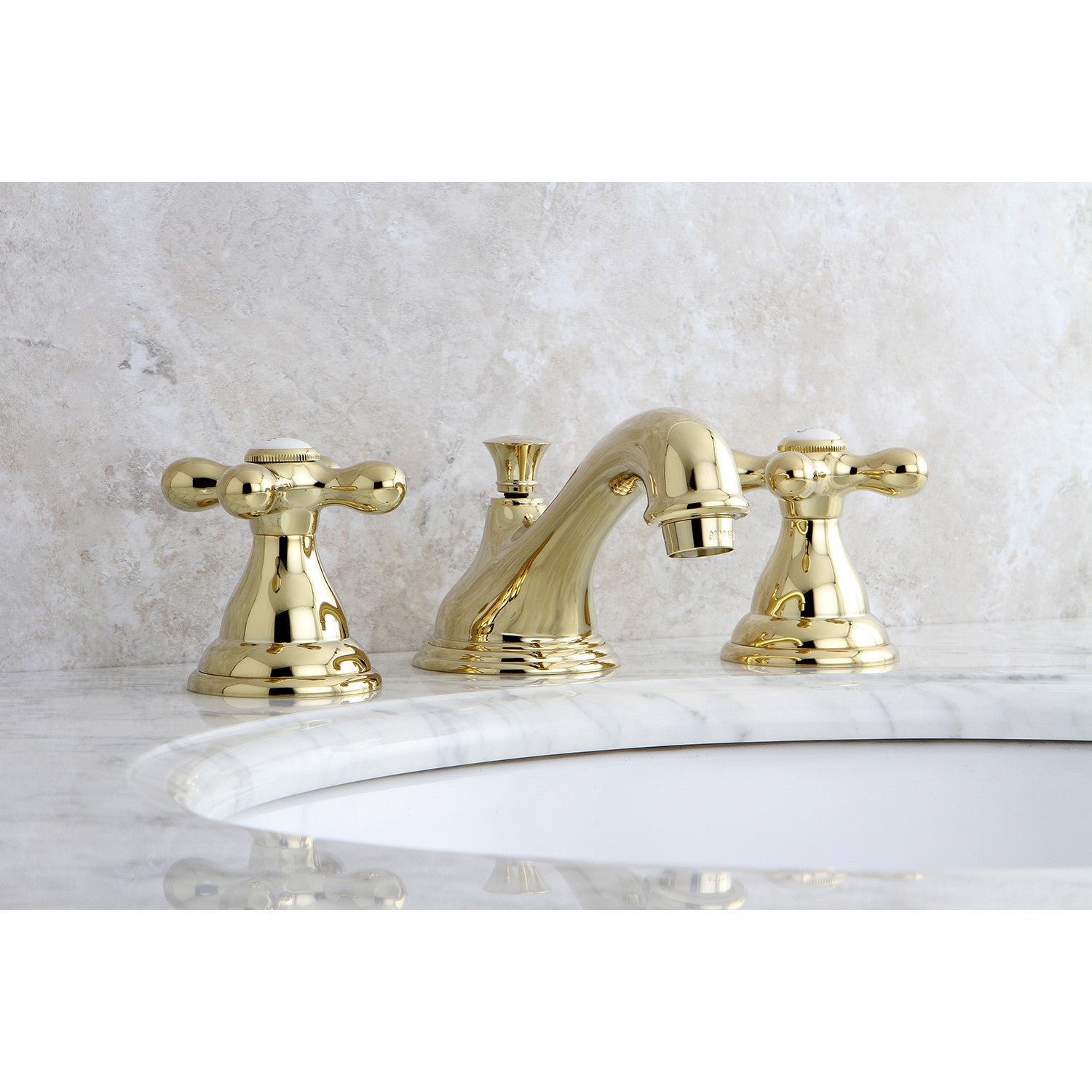 Kingston Heirloom KS5562AX - Royale Two-Handle 3-Hole Deck Mount Widespread Bathroom Faucet with Brass Pop-Up, Polished Brass — thumbnail 2